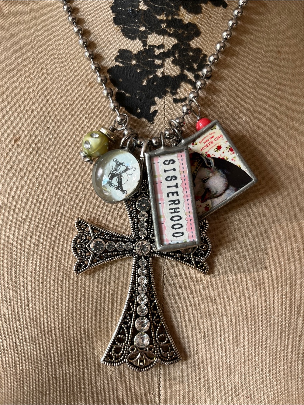 Silver Rhinestone Cross Necklace with Pink 'Sisterhood' Charm & Pig charm etc
